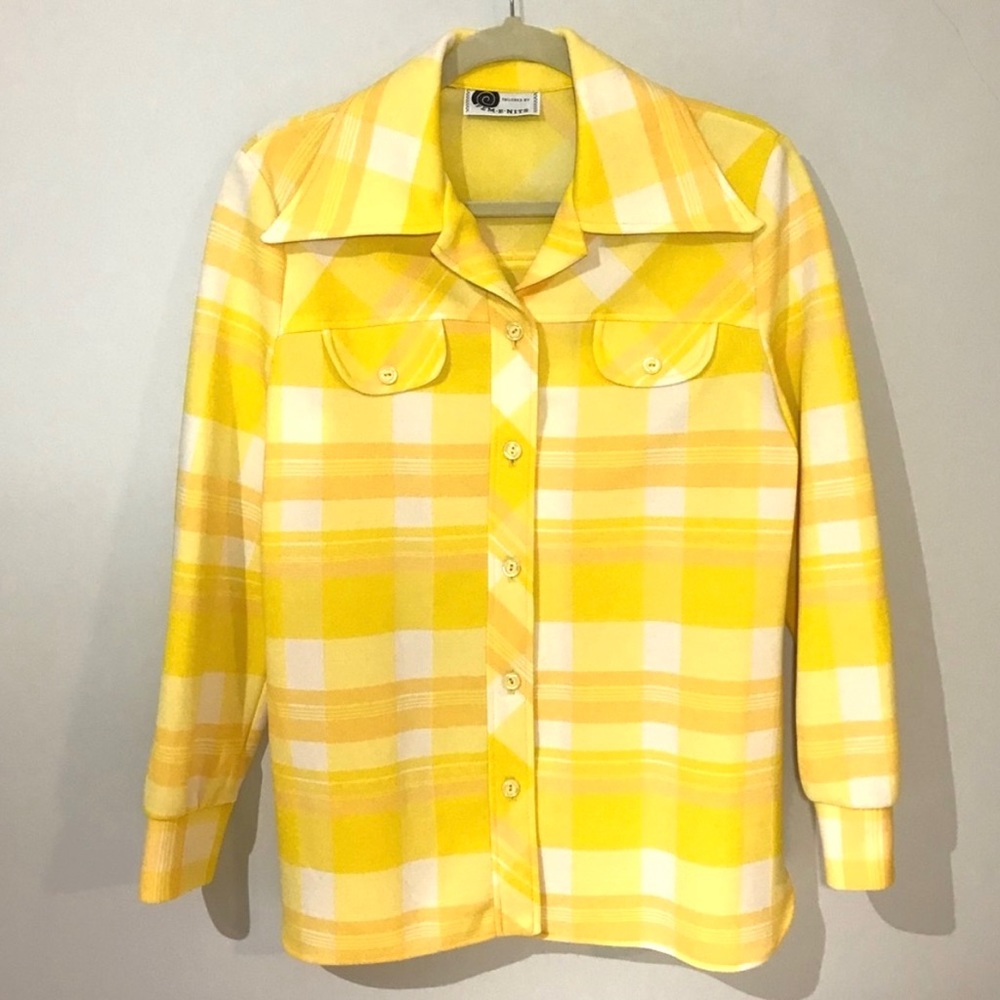 Vintage 🌸 1970’s Fem-E-Nits Tailored Plaid Mod Button Collared Shirt Top L XL